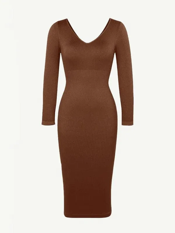 Long Sleeve V Neck Bodycon Waist Cinching Shaper Midi Dress