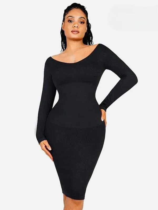 Long Sleeve V Neck Bodycon Waist Cinching Shaper Midi Dress
