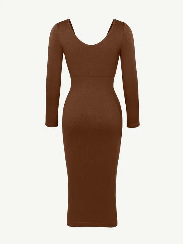 Long Sleeve V Neck Bodycon Waist Cinching Shaper Midi Dress