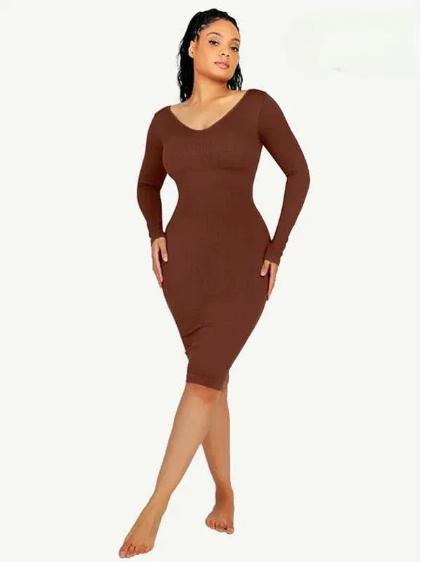 Long Sleeve V Neck Bodycon Waist Cinching Shaper Midi Dress