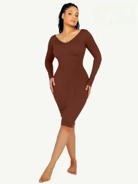 Long Sleeve V Neck Bodycon Waist Cinching Shaper Midi Dress