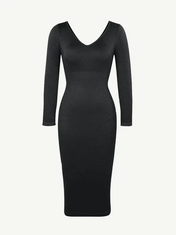 Long Sleeve V Neck Bodycon Waist Cinching Shaper Midi Dress