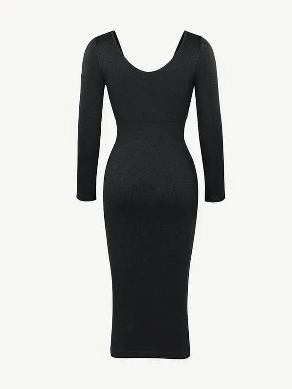 Long Sleeve V Neck Bodycon Waist Cinching Shaper Midi Dress