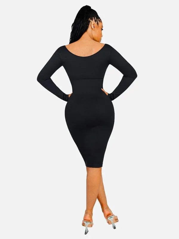 Long Sleeve V Neck Bodycon Waist Cinching Shaper Midi Dress