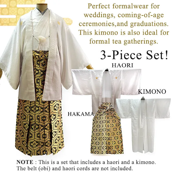 Men's Formal Kimono, Haori, and Hakama 3-Piece Set ＜White beige blur Haori＞