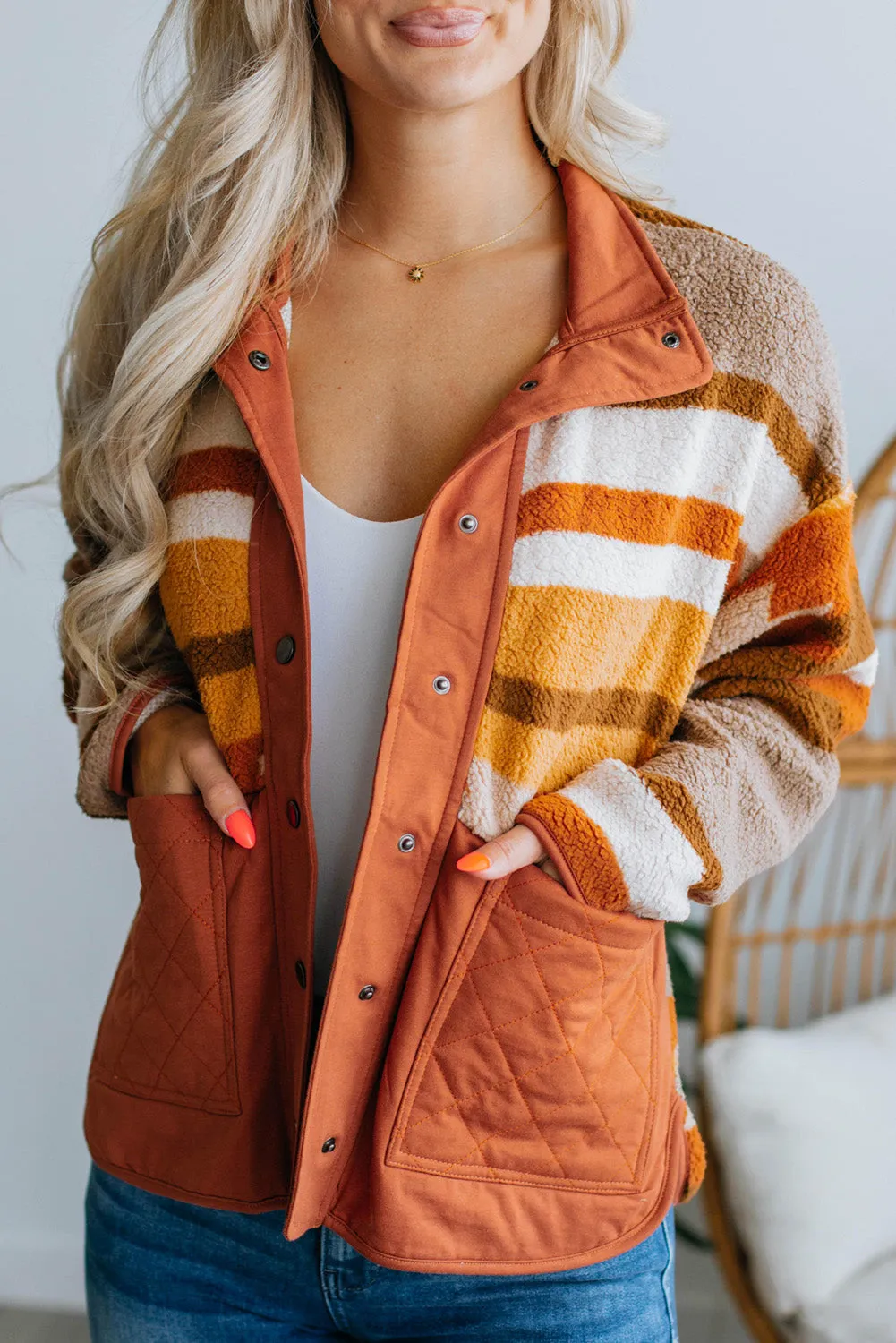 Online Brown Quilted Patch Pockets Aztec Furry Jacket