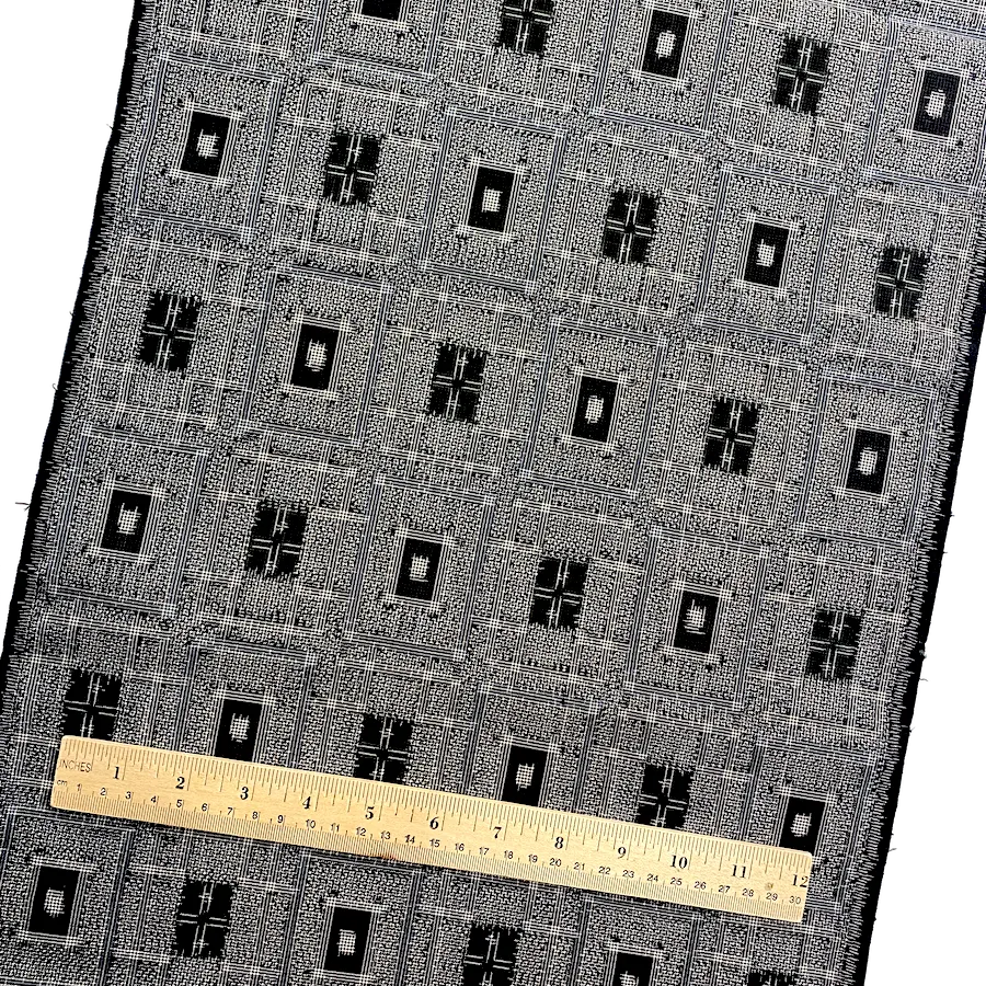 Remant 1 Yard, Black/Grey Ikat Masterpiece, Blue-Framed Rectangles Vintage Oshima Silk from Japan,  #238
