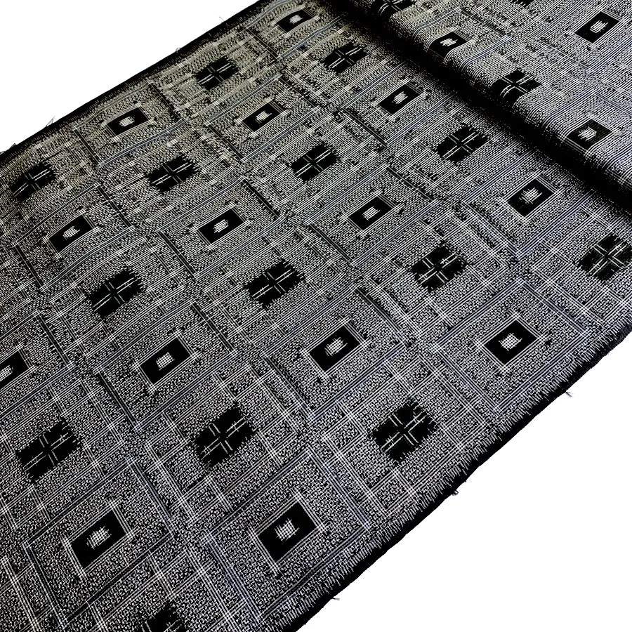 Remant 1 Yard, Black/Grey Ikat Masterpiece, Blue-Framed Rectangles Vintage Oshima Silk from Japan,  #238