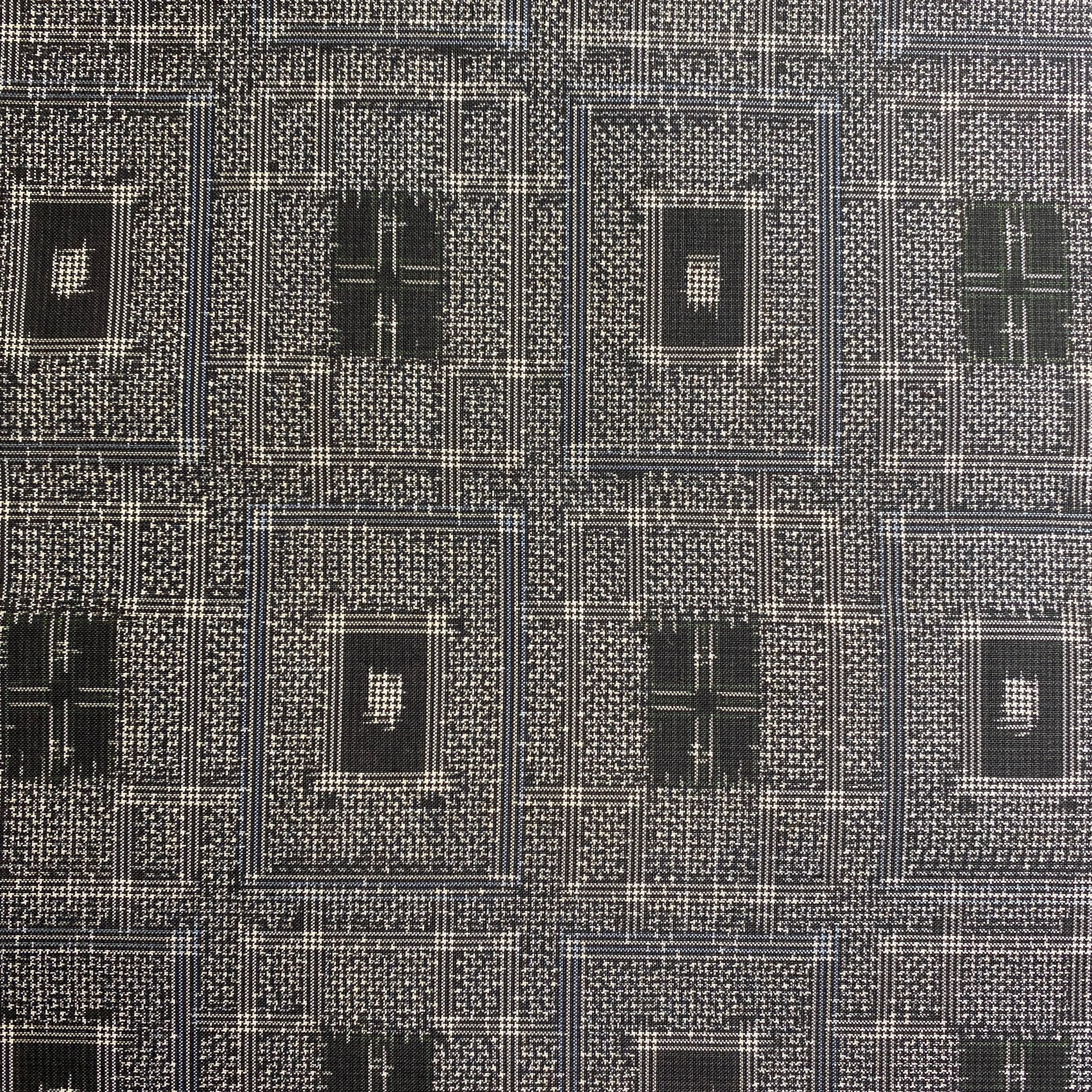 Remant 1 Yard, Black/Grey Ikat Masterpiece, Blue-Framed Rectangles Vintage Oshima Silk from Japan,  #238